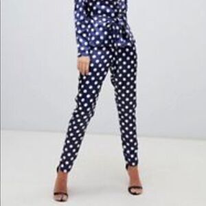 NWOT BOOHOO satin tapered trousers in navy polka dot